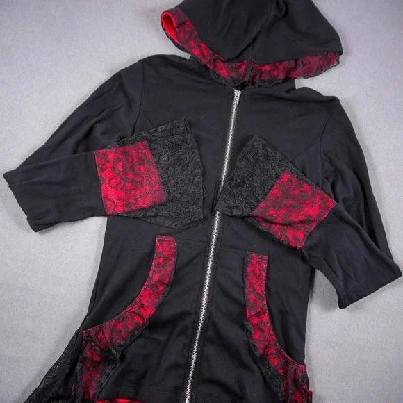 Y2K Lace Corset Hoodie Tripp NYC Sweater Black Red Jacket Womens M Goth Punk - Picture 2 of 11